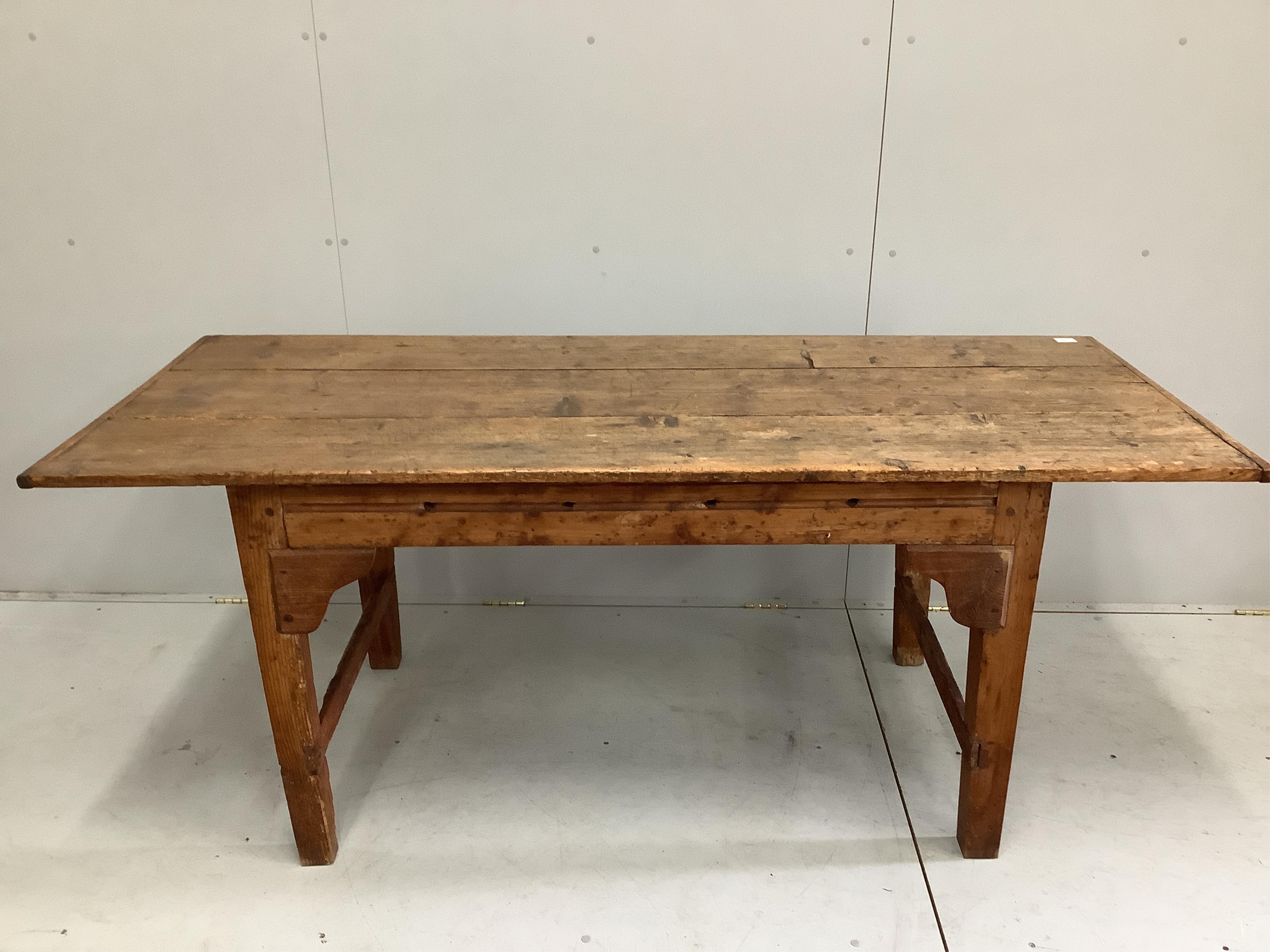 An early 19th century and later rectangular pine kitchen table, width 189cm, depth 78cm, height 77cm